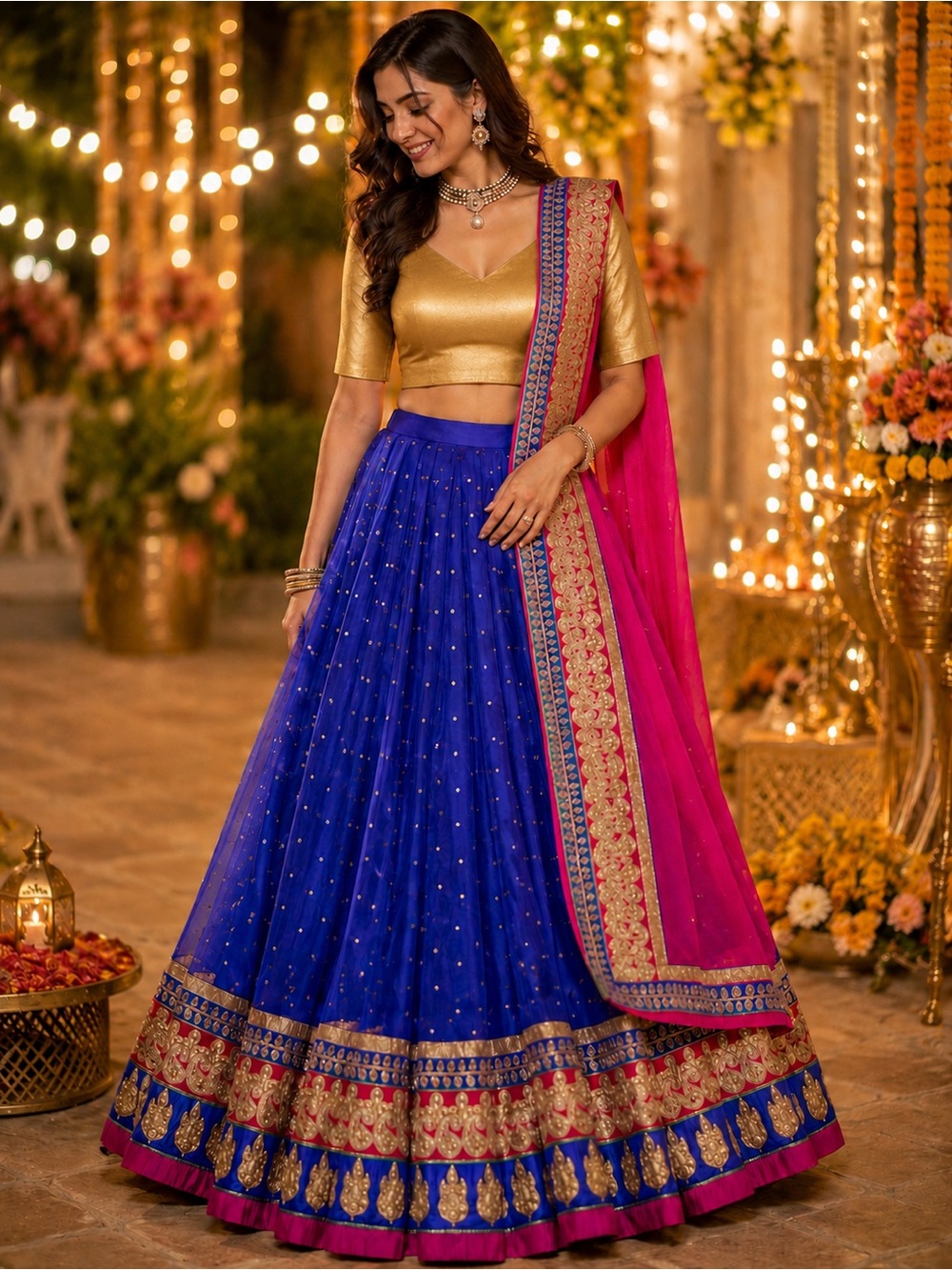 Blue Embellished Lehenga Skirt with Pink embroidered Border